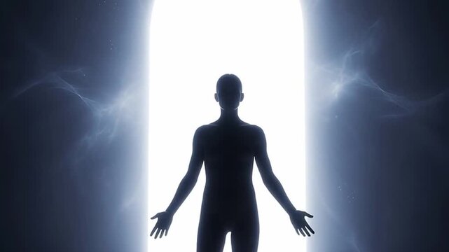 Illumination's Embrace: A solitary silhouette stands before a radiant portal, arms outstretched, beckoned into the unknown, shrouded in an ethereal glow. 