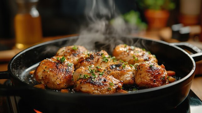 Close-up of seasoned chicken breasts searing in a cast iron skillet, with steam rising against a blurred background