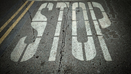 STOP painted in large white stencil letters on a paved road surface. A crack runs through the...