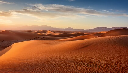 Desert Landscape With Rolling Sand Dunes At Sunset Tranquil And Serene Natural Scenery