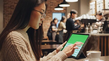 Woman using tablet in coffee shop - Powered by Adobe