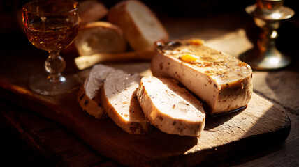 Slices of rich foie gras terrine served on a rustic wooden cutting board with crusty baguette and a glass of dessert wine, presented in a warm, atmospheric kitchen or dining setting.