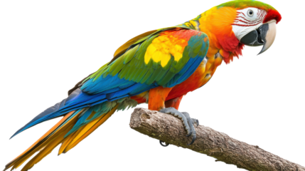 A colorful parrot is perched on a branch, isolated on a transparent background