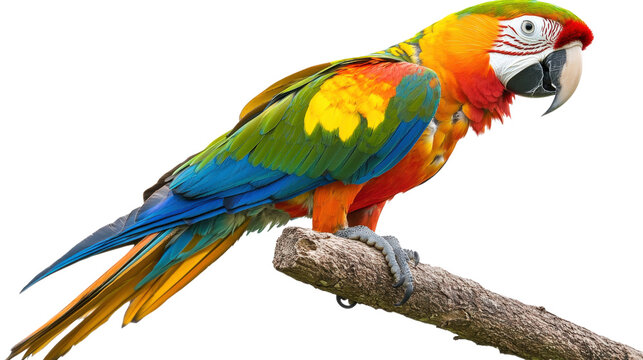 A colorful parrot is perched on a branch, isolated on a transparent background
