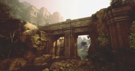 Majestic ancient ruins rise above a lush, mist covered landscape during sunset. Stone structures merge with natures vibrant greens, showcasing historical architecture.