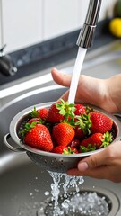 Strawberries being washed in a colander