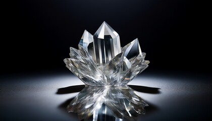 Stunning Crystal Cluster Reflection On Dark Surface Dramatic Lighting Elegant Minimalism
