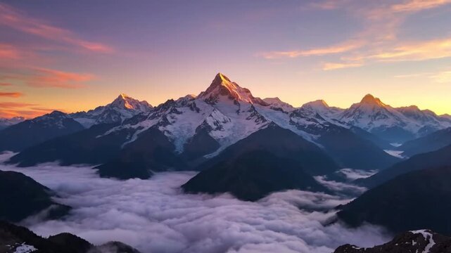 Cinematic aerial view of a minimalist luxury mountain lodge surrounded by pine trees and snow, peaceful nature landscape, high quality.