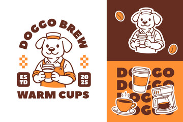 Dog Coffee Retro Mascot Logo for Cafe. Cartoon Character Vector Illustration in Vintage Style