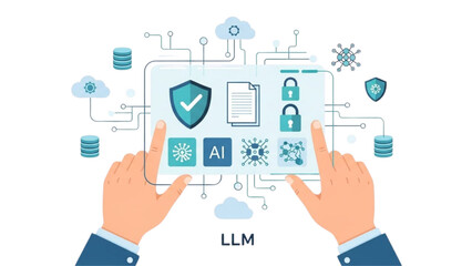 Hands managing secure AI data and network protection for large language models on a digital tablet interface