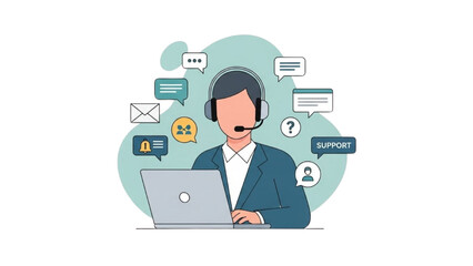 Professional Customer Service Representative with Headset Offering Remote Help and Digital Communication