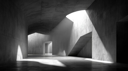 Minimalist concrete architecture interior with dramatic geometric shadows and skylight providing natural illumination in hallway