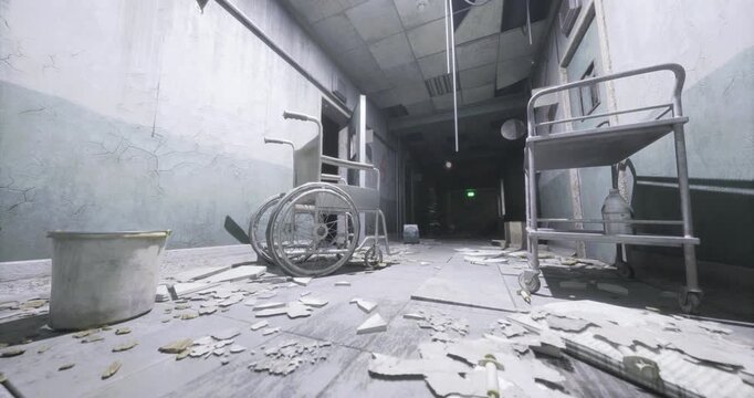 An abandoned hospital corridor shows disarray with debris scattered across the floor. A lone empty wheelchair is positioned against the wall under poor lighting, creating a haunting atmosphere.