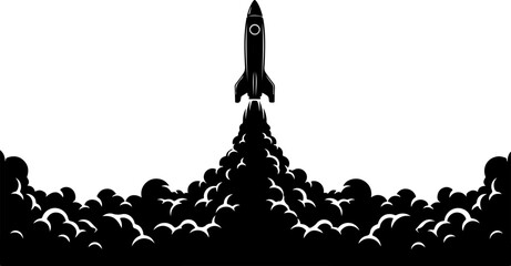 Rocket Launch Silhouette with Smoke Clouds Vector Icon