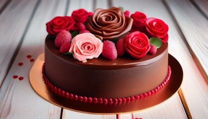Elegant Chocolate Cake For Valentine S Day Celebration With Roses And Raspberries