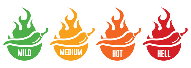 Spicy Level Labels with Chili and Flame Icons, Chili Pepper Heat Level Warning Icons, Spicy Heat Level Labels for Food Packaging
