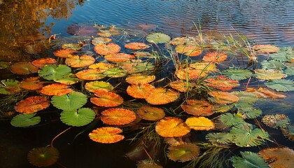 Hydrilla And Fallen Leaves In A Water Autumn Texture