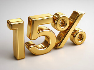 3D text of 15 percent golden material on white background.