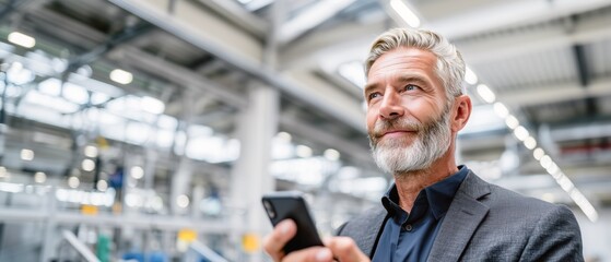 Mature European male industrial operations manager 50s standing in modern manufacturing facility holding smartphone. Confident executive reviewing production data, banner for automation platforms