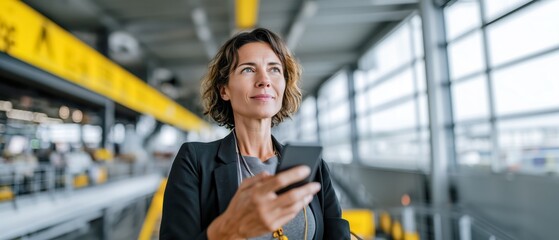 Business woamn European female operations manager holding smartphone inside logistics control room. Professional woman portrait reviewing shipment updates, banner for supply chain logistics software