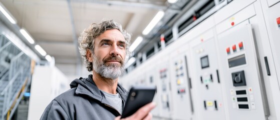 Professional Middle Eastern male energy infrastructure manager 40s standing in control facility holding smartphone. Industrial expert, banner image for energy sector and infrastructure services