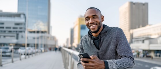 Young African male smart city project manager standing with smartphonem monitoring infrastructure and messaging outdoors, city skyline banner for smart city solutions