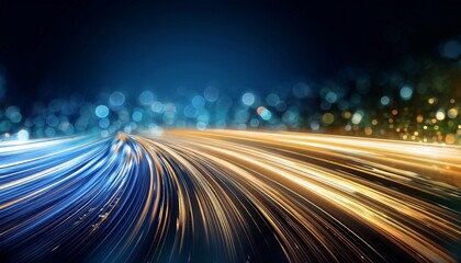 Abstract Blue And Gold Light Trails With Sparkling Bokeh On A Dark Background