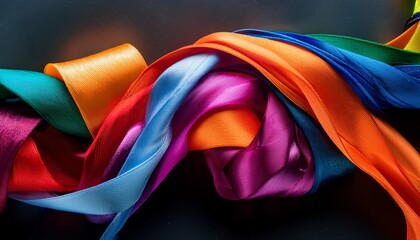 Vibrant Flowing Multicolored Silk Ribbons Twisting In Dynamic Abstract Motion Against Dark