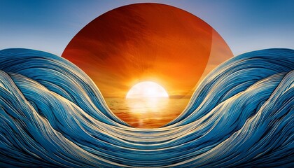 Abstract Japanese Wave And Sun Artwork
