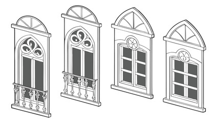 Fototapeta premium Vector illustration three ornate windows with decorative details and railings