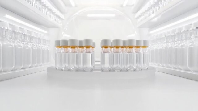 Precision Science: Clean and sterile laboratory environment, showcases rows of glass vials poised with bright light. 