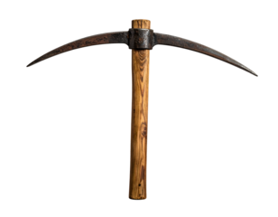 Rustic, weathered pickaxe with a wooden handle on black