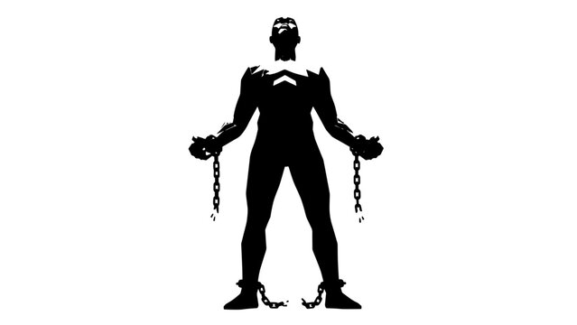 Silhouette of a prisoner in stocks with chained restraints in a historical setting.