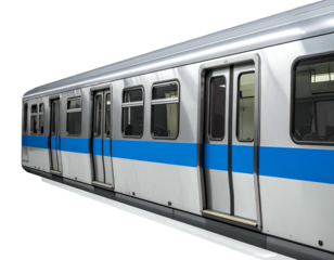 Silver commuter train with blue stripe on platform
