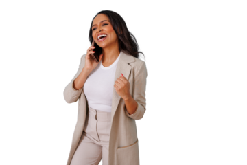 Businesswoman talking on smartphone, smiling and laughing in success, celebrating good news on a transparent background