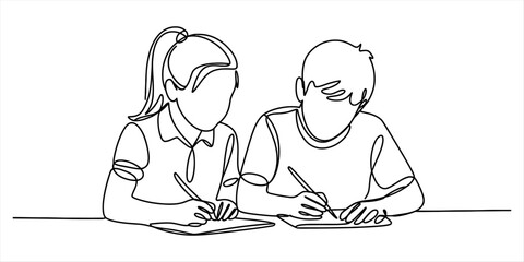 Two students diligently studying and writing in a continuous line art style Vector, illustration