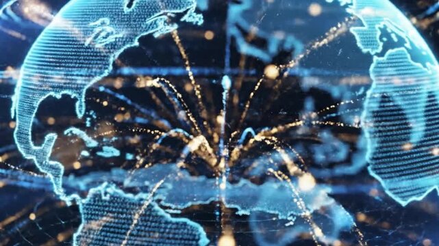 Futuristic digital globe with glowing network connections and golden particles representing global data communication and technology. Ai generated