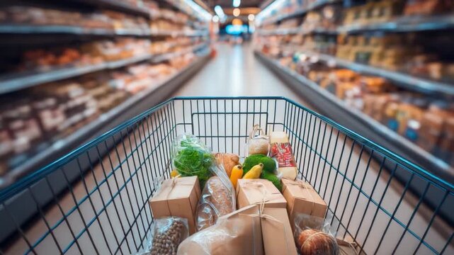 Grocery Shopping Cart: A fully loaded shopping cart brimming with an assortment of fresh produce and packaged goods glides down a supermarket aisle, ready for culinary creation.