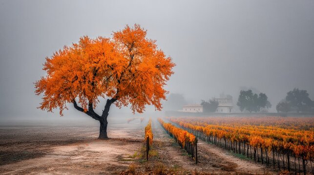 Autumn at napa valley vineyard with fog and orange tree, california landscape in misty morning light, rows of grape vines showing fall color