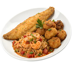 Crispy fish fillet with shrimp jambalaya