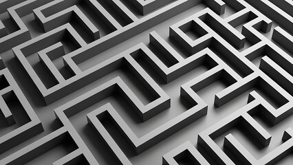 Abstract 3D rendered grayscale maze illustrating complex challenges, problem-solving, and strategic thinking