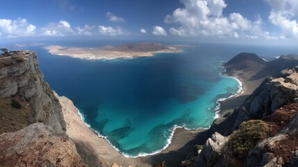 A person stands on a high cliff looking over the blue ocean. Distant islands are visible under a clear blue sky with a few clouds. Waves crash against rocky shores.