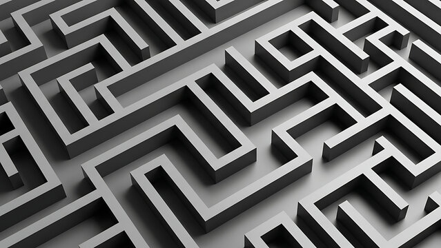 Abstract 3D rendered grayscale maze illustrating complex challenges, problem-solving, and strategic thinking