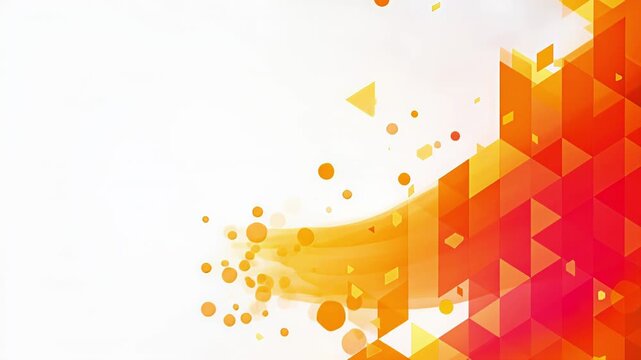 Bright orange geometric shapes and floating polygons rising from lower right corner on clean white background, modern digital technology branding concept