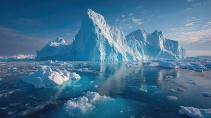 Glowing iceberg with radiant blue hues, sunlight filtering through translucent ice in dramatic cold polar seascape