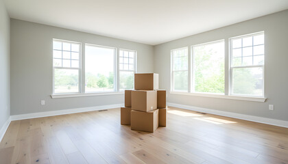 Stack of cardboard boxes in a bright empty room with hardwood floors