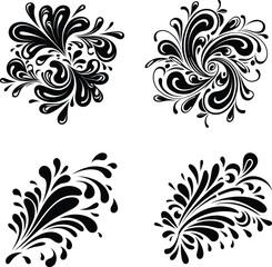 Black Abstract Floral Swirls and Ink Splash Decorative Vector Set