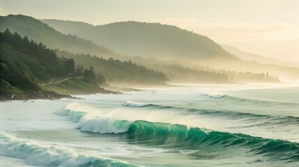 Serene ocean waves crashing against a misty mountainous coastline at sunrise