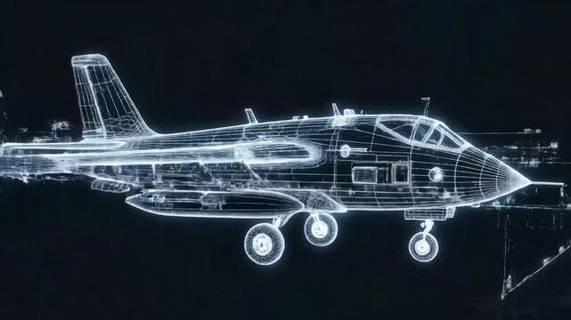 Wireframe model of a small airplane with glowing white lines on a dark background