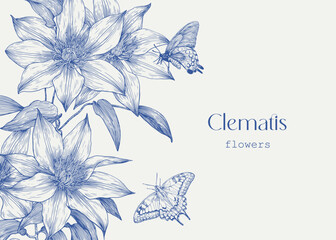 Elegant Clematis flowers and butterflies Toile art Vector vintage template, blue beige. Hand drawn elements. Engraved illustration. Background for design greeting card, wedding decor, invitation, gift